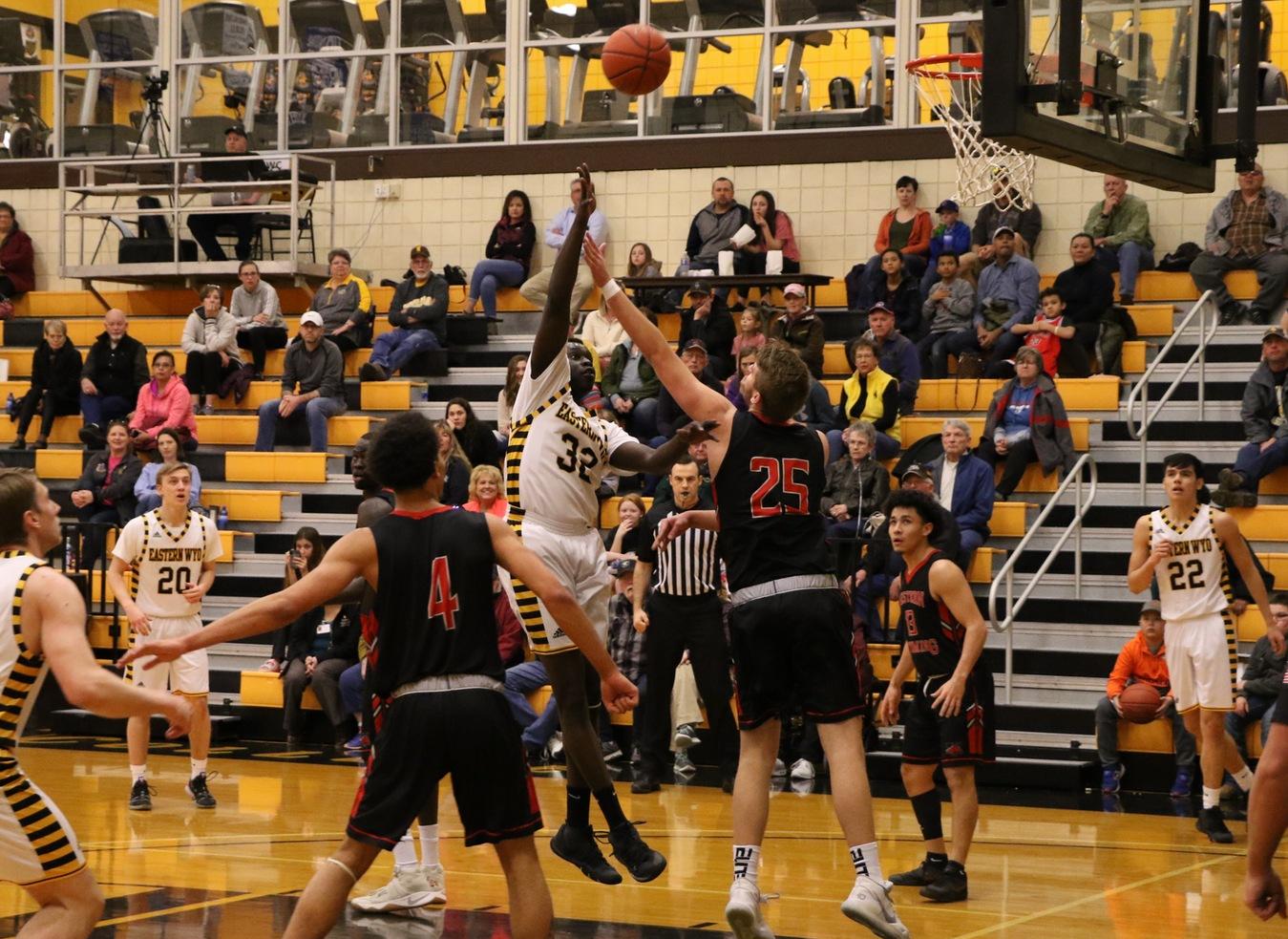 EWC sophomore Jeremi Jiba scores two of his team-high 17 points during the Lancers' win over Western Wyoming on Saturday.